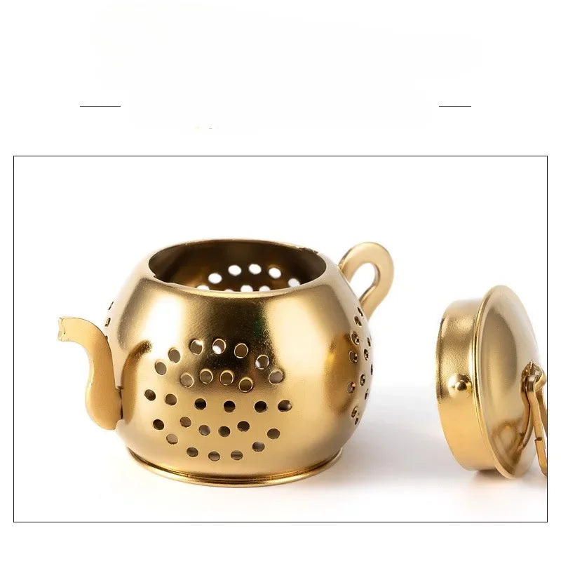 Tea Strainer Teapot Shape Loose Tea Infuser Stainless Steel Leaf Tea Maker Strainer Chain Drip Tray Herbal Spice Filter WithDish