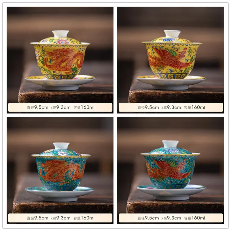 Tea Tureen Elegant Chinese Gaiwan Ceramic Dragon Hand-Painted Tea Set Color Enamel Tea Bowl with Saucer Kung Fu Tea Cup