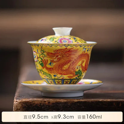 Tea Tureen Elegant Chinese Gaiwan Ceramic Dragon Hand-Painted Tea Set Color Enamel Tea Bowl with Saucer Kung Fu Tea Cup