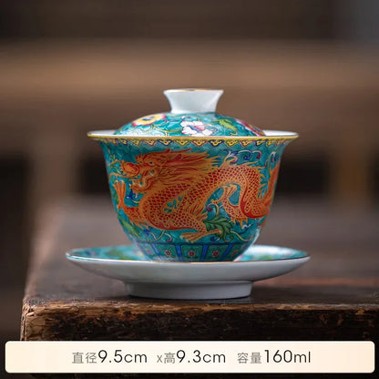 Tea Tureen Elegant Chinese Gaiwan Ceramic Dragon Hand-Painted Tea Set Color Enamel Tea Bowl with Saucer Kung Fu Tea Cup