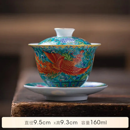 Tea Tureen Elegant Chinese Gaiwan Ceramic Dragon Hand-Painted Tea Set Color Enamel Tea Bowl with Saucer Kung Fu Tea Cup