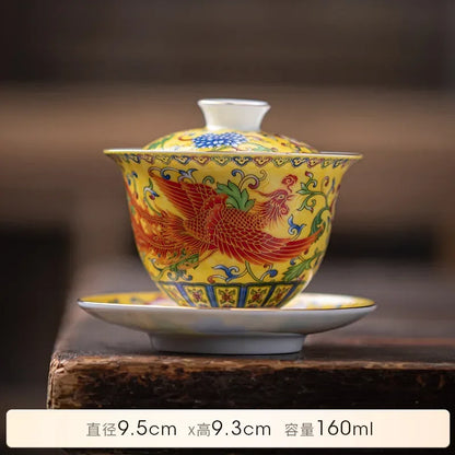 Tea Tureen Elegant Chinese Gaiwan Ceramic Dragon Hand-Painted Tea Set Color Enamel Tea Bowl with Saucer Kung Fu Tea Cup