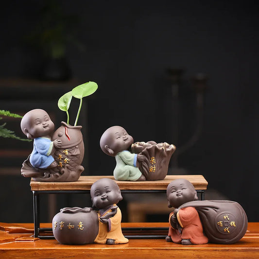 Tea set accessories ceramic Tea pets  decoration small Buddha statue monk doll desktop flower pot hydroponic plant decoration