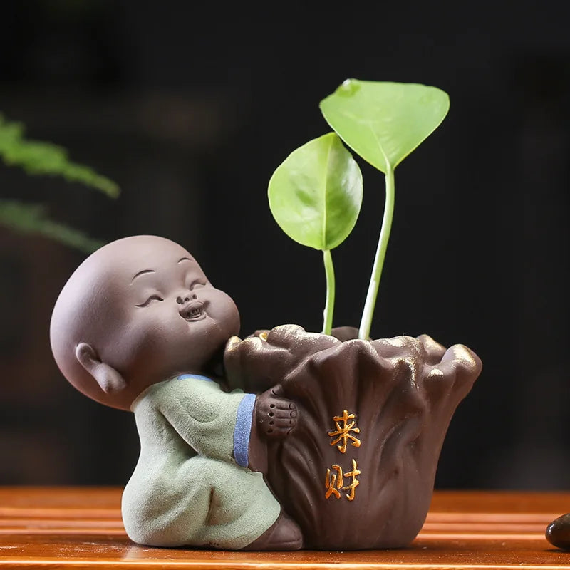 Tea set accessories ceramic Tea pets  decoration small Buddha statue monk doll desktop flower pot hydroponic plant decoration