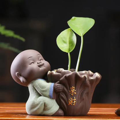Tea set accessories ceramic Tea pets  decoration small Buddha statue monk doll desktop flower pot hydroponic plant decoration