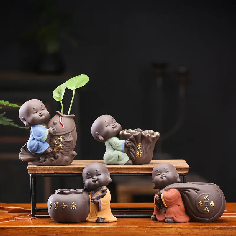 Tea set accessories ceramic Tea pets  decoration small Buddha statue monk doll desktop flower pot hydroponic plant decoration