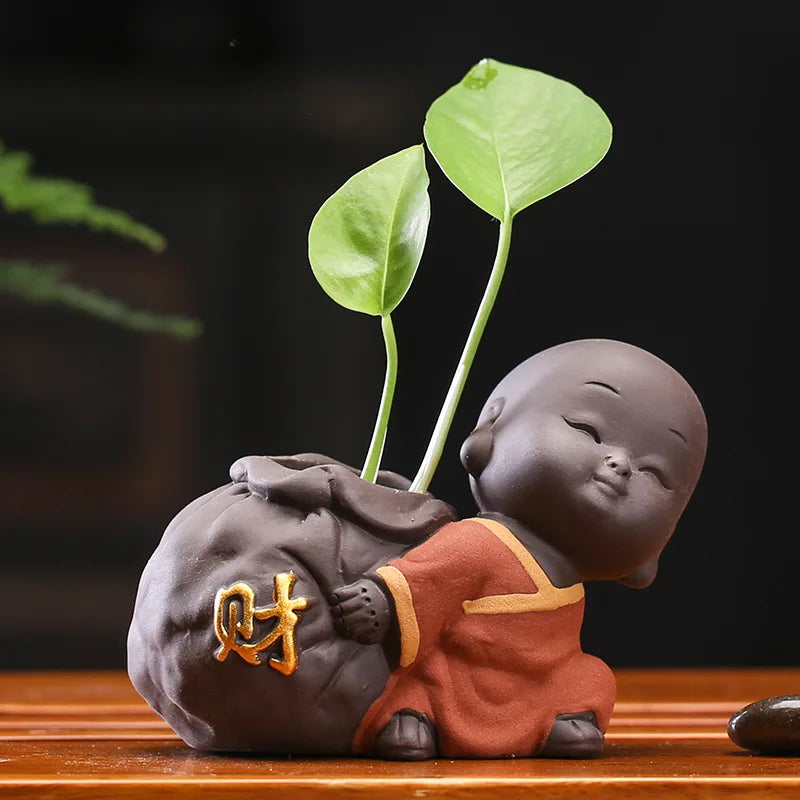 Tea set accessories ceramic Tea pets  decoration small Buddha statue monk doll desktop flower pot hydroponic plant decoration