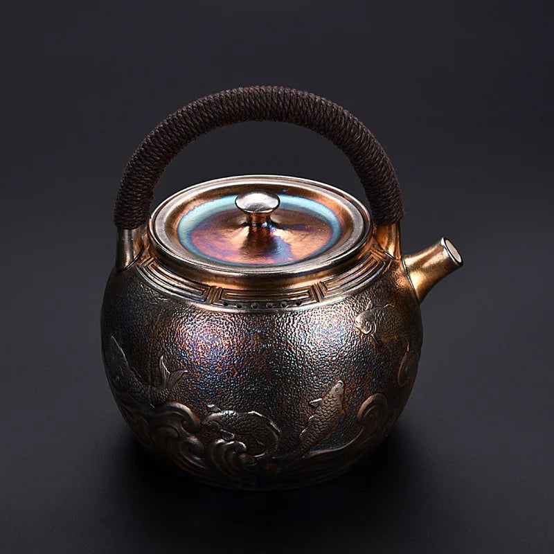 Teapot Set Luxury Gilt Silver Craft Ceramic Copper Tea Maker Side Handle Teapot Retro Japanese Handmade Household Tea Cooker