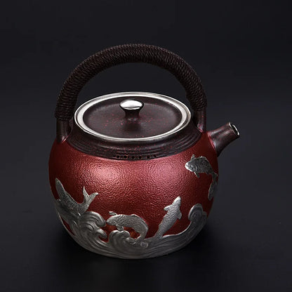 Teapot Set Luxury Gilt Silver Craft Ceramic Copper Tea Maker Side Handle Teapot Retro Japanese Handmade Household Tea Cooker