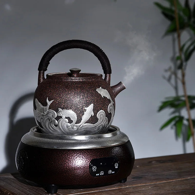 Teapot Set Luxury Gilt Silver Craft Ceramic Copper Tea Maker Side Handle Teapot Retro Japanese Handmade Household Tea Cooker