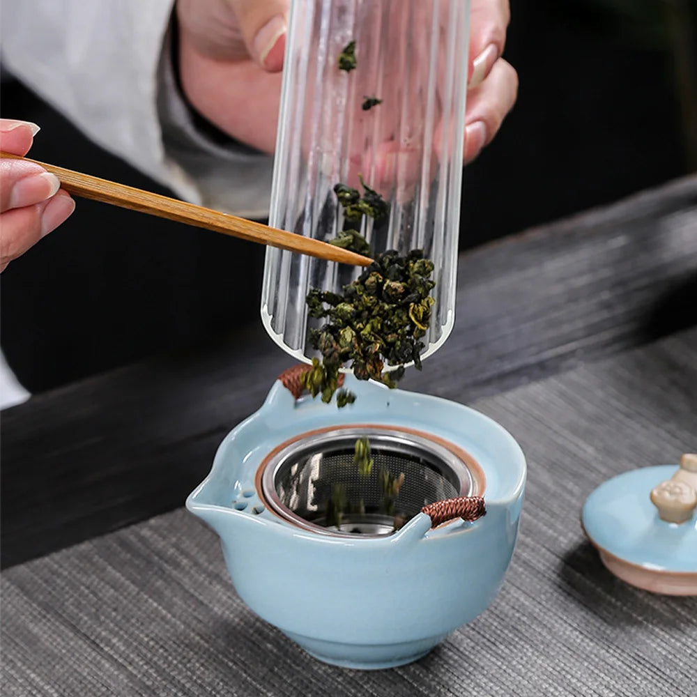 Teawear Set Ceramic Gaiwan 2 Cup 1 Tea Caddies Steel Strainers Business Gift Chinese Kung Fu Portable Travel Teapot 110ML