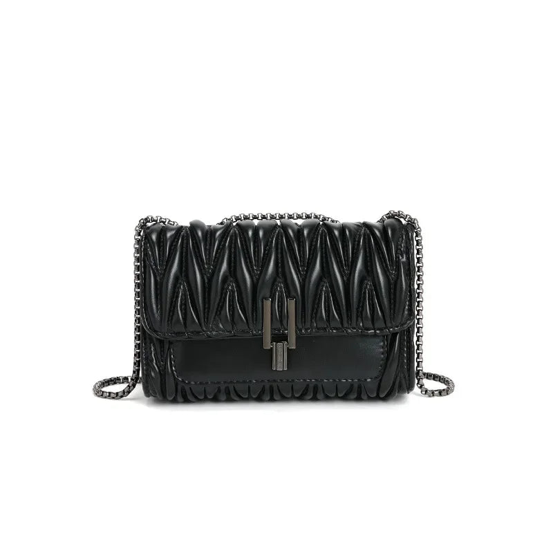 Textured Pleated Chain Bag for Women Summer New Temperament Hundred-lock Shoulder Bag Rhombus Lock Crossbody Bag