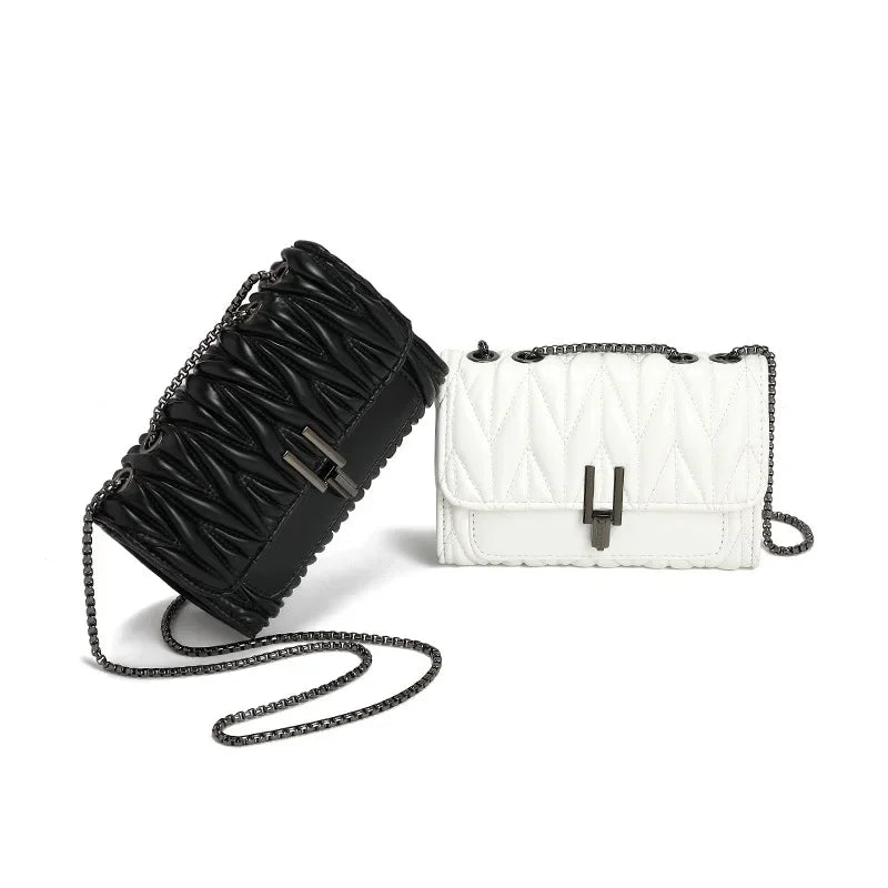 Textured Pleated Chain Bag for Women Summer New Temperament Hundred-lock Shoulder Bag Rhombus Lock Crossbody Bag