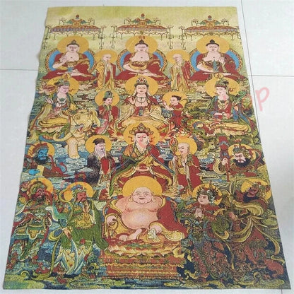 Thangka Religious Buddha Statue, Gold Silk Embroidery, Full Hall Buddha, Hundred Buddha Pictures, Auspicious Thangka