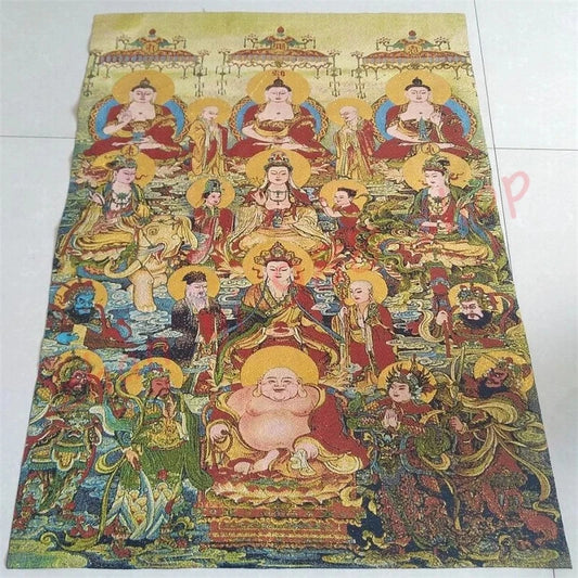 Thangka Religious Buddha Statue, Gold Silk Embroidery, Full Hall Buddha, Hundred Buddha Pictures, Auspicious Thangka