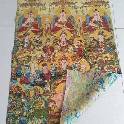 Thangka Religious Buddha Statue, Gold Silk Embroidery, Full Hall Buddha, Hundred Buddha Pictures, Auspicious Thangka