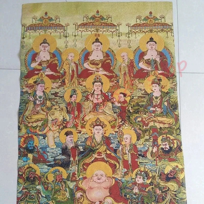 Thangka Religious Buddha Statue, Gold Silk Embroidery, Full Hall Buddha, Hundred Buddha Pictures, Auspicious Thangka