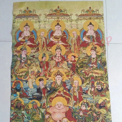Thangka Religious Buddha Statue, Gold Silk Embroidery, Full Hall Buddha, Hundred Buddha Pictures, Auspicious Thangka