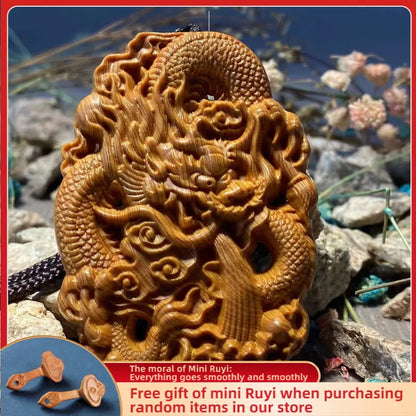 The Dragon Walks The World Cliff Cypress Wood Aging Material Red Oil Black Oil High-density Handle Piece Wood Carving  Ornaments