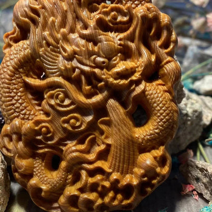 The Dragon Walks The World Cliff Cypress Wood Aging Material Red Oil Black Oil High-density Handle Piece Wood Carving  Ornaments