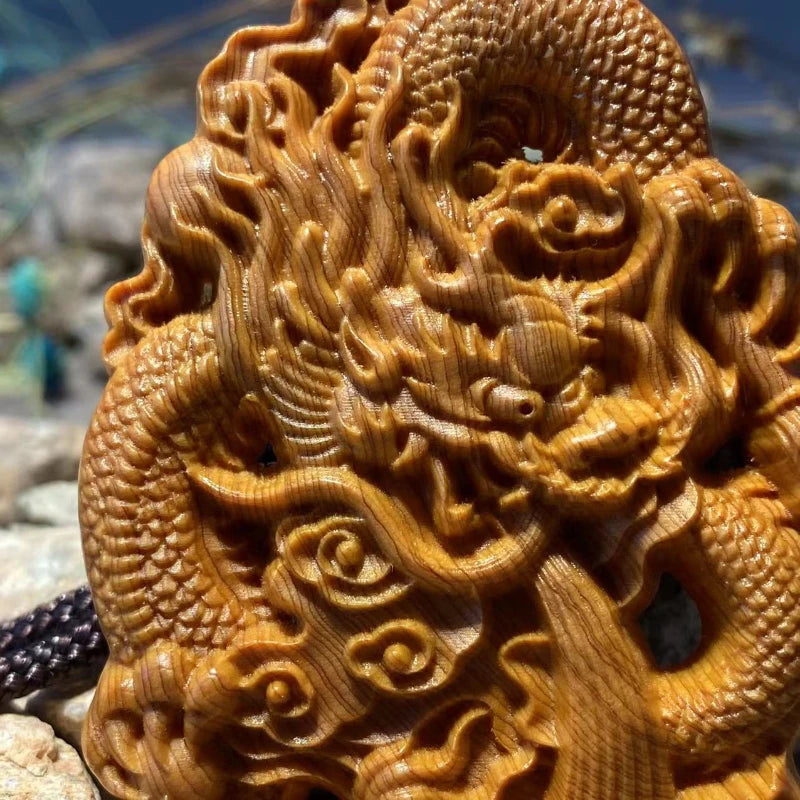 The Dragon Walks The World Cliff Cypress Wood Aging Material Red Oil Black Oil High-density Handle Piece Wood Carving  Ornaments
