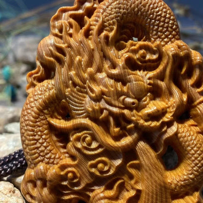 The Dragon Walks The World Cliff Cypress Wood Aging Material Red Oil Black Oil High-density Handle Piece Wood Carving  Ornaments