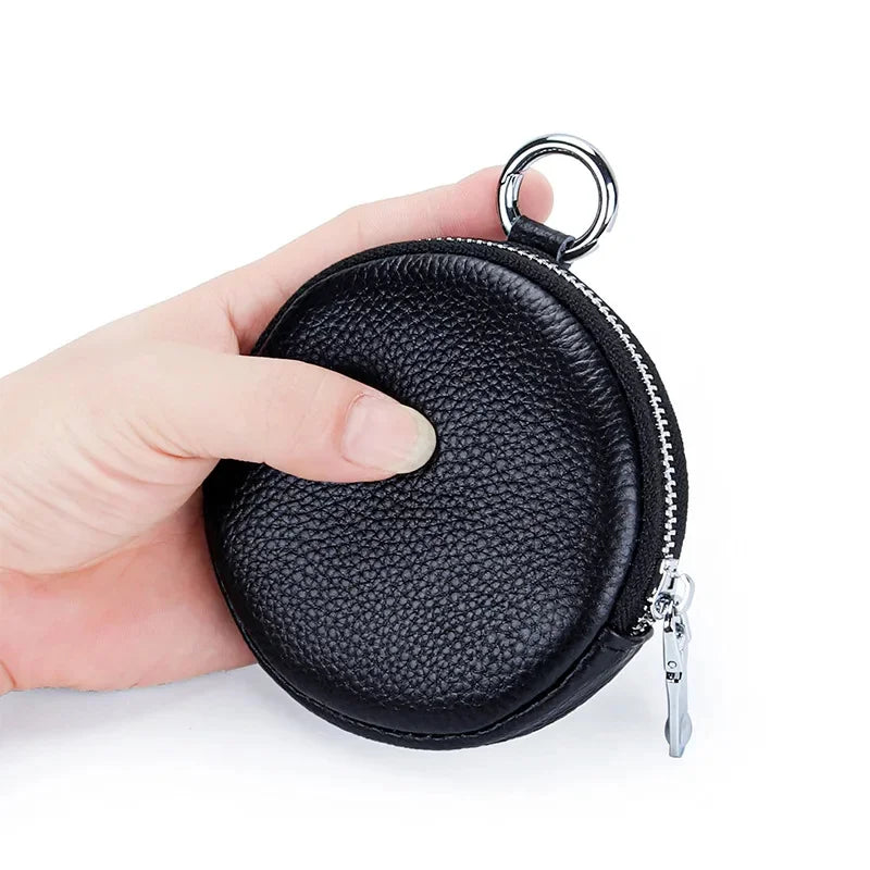 The First Layer of Cowhide Purse Female 2024 New Small Round Simple Earphone Storage Bank Card Coin Bag