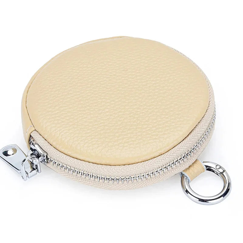 The First Layer of Cowhide Purse Female 2024 New Small Round Simple Earphone Storage Bank Card Coin Bag