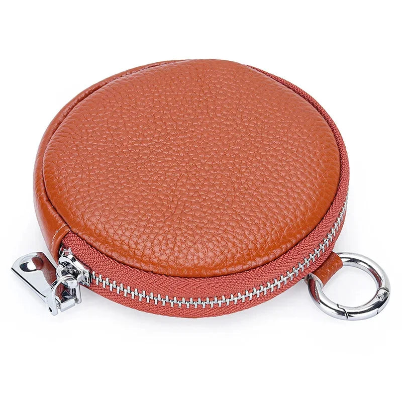 The First Layer of Cowhide Purse Female 2024 New Small Round Simple Earphone Storage Bank Card Coin Bag