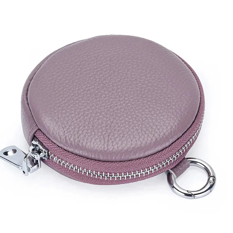 The First Layer of Cowhide Purse Female 2024 New Small Round Simple Earphone Storage Bank Card Coin Bag
