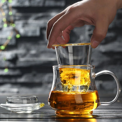 Thick Heat-resistant Glass Transparent Cover with filter flower Teacup office cup Tea water Separation filter Tea cup