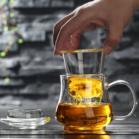 Thick Heat-resistant Glass Transparent Cover with filter flower Teacup office cup Tea water Separation filter Tea cup