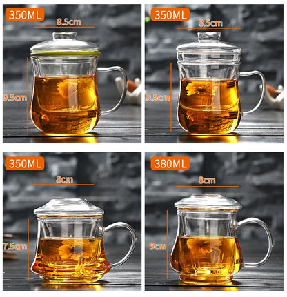 Thick Heat-resistant Glass Transparent Cover with filter flower Teacup office cup Tea water Separation filter Tea cup