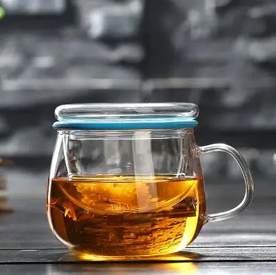 Thick Heat-resistant Glass Transparent Cover with filter flower Teacup office cup Tea water Separation filter Tea cup