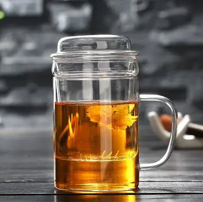 Thick Heat-resistant Glass Transparent Cover with filter flower Teacup office cup Tea water Separation filter Tea cup
