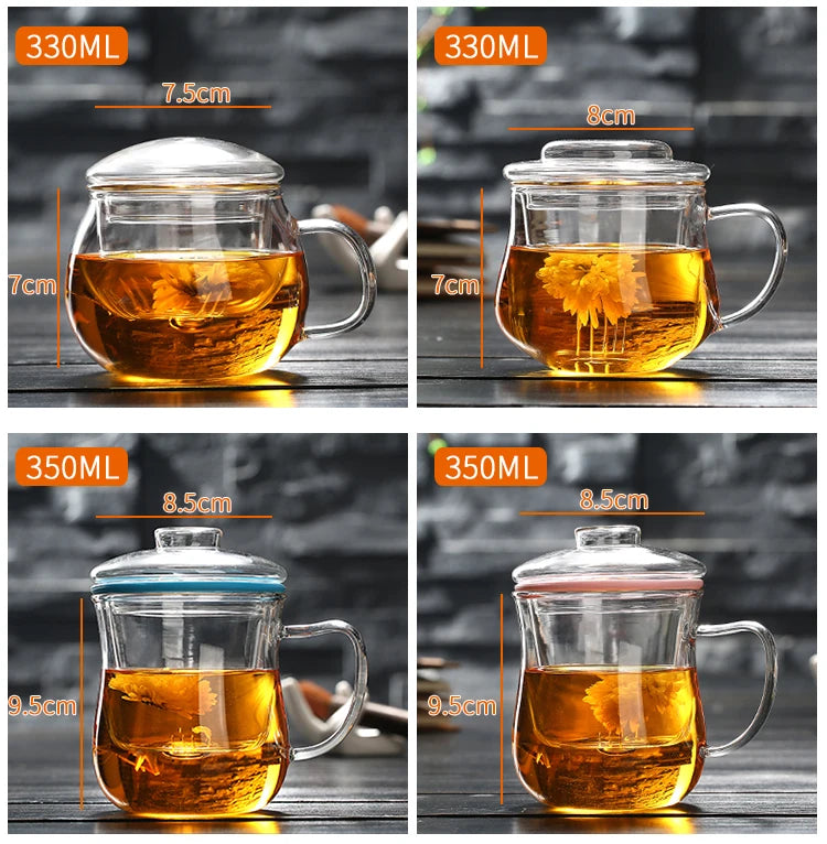 Thick Heat-resistant Glass Transparent Cover with filter flower Teacup office cup Tea water Separation filter Tea cup
