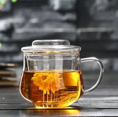 Thick Heat-resistant Glass Transparent Cover with filter flower Teacup office cup Tea water Separation filter Tea cup