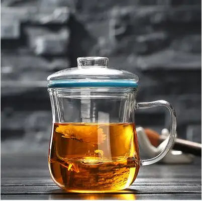 Thick Heat-resistant Glass Transparent Cover with filter flower Teacup office cup Tea water Separation filter Tea cup