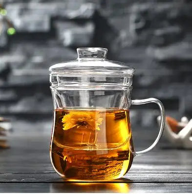 Thick Heat-resistant Glass Transparent Cover with filter flower Teacup office cup Tea water Separation filter Tea cup