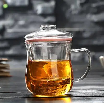 Thick Heat-resistant Glass Transparent Cover with filter flower Teacup office cup Tea water Separation filter Tea cup