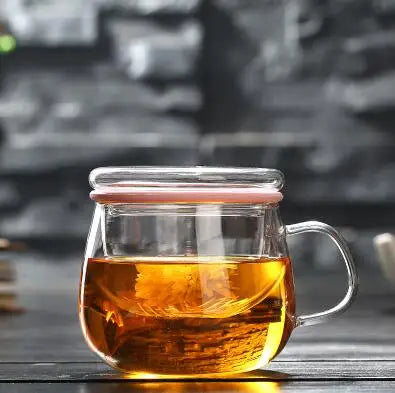 Thick Heat-resistant Glass Transparent Cover with filter flower Teacup office cup Tea water Separation filter Tea cup