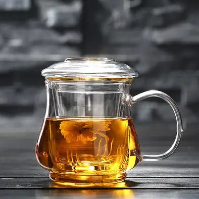Thick Heat-resistant Glass Transparent Cover with filter flower Teacup office cup Tea water Separation filter Tea cup