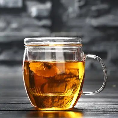 Thick Heat-resistant Glass Transparent Cover with filter flower Teacup office cup Tea water Separation filter Tea cup