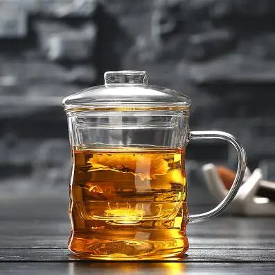 Thick Heat-resistant Glass Transparent Cover with filter flower Teacup office cup Tea water Separation filter Tea cup