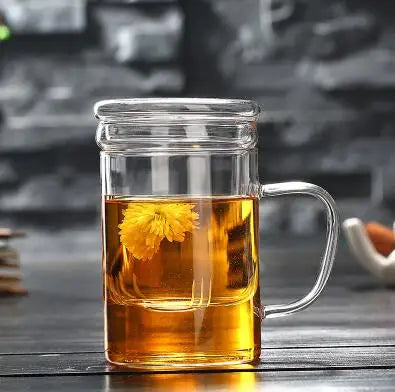 Thick Heat-resistant Glass Transparent Cover with filter flower Teacup office cup Tea water Separation filter Tea cup