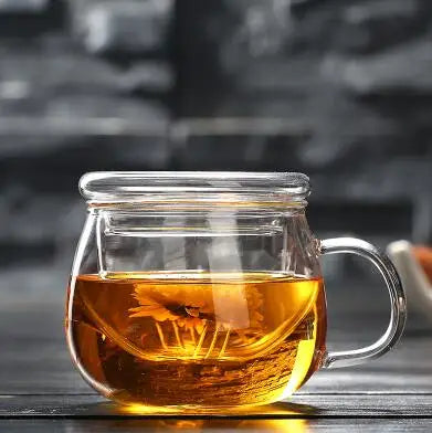 Thick Heat-resistant Glass Transparent Cover with filter flower Teacup office cup Tea water Separation filter Tea cup