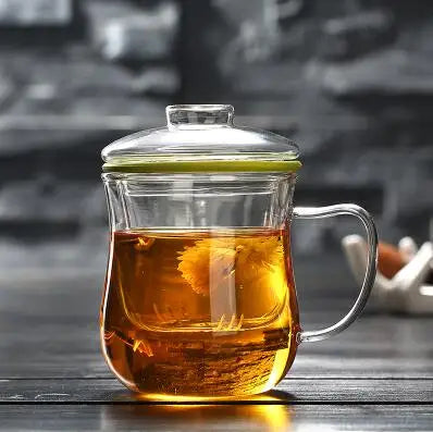 Thick Heat-resistant Glass Transparent Cover with filter flower Teacup office cup Tea water Separation filter Tea cup