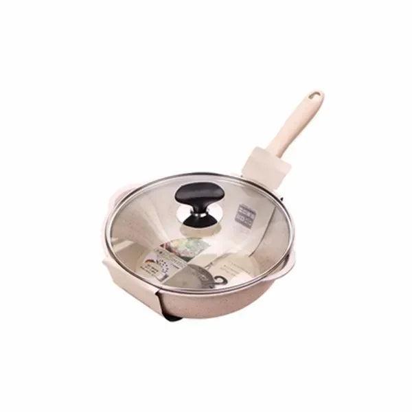 Thickened Bottom Medical Stone Frying Pan Multifunction Non-stick Pans Deep Nougat Pot Big Mouth Wok Pan with Glass Cover