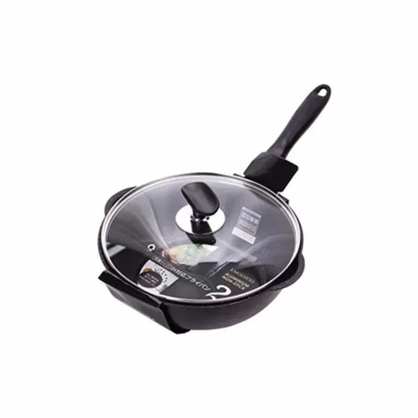 Thickened Bottom Medical Stone Frying Pan Multifunction Non-stick Pans Deep Nougat Pot Big Mouth Wok Pan with Glass Cover