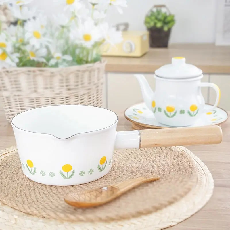 Thickened Enamel Milk Pot with Leakproof Spout, Little Yellow Flower Pattern for Baby Porridge, Hot Milk, Electric and Gas Stove